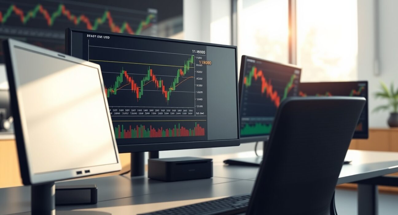 EUR/USD technical analysis showing price charts and moving averages on trading desk monitors