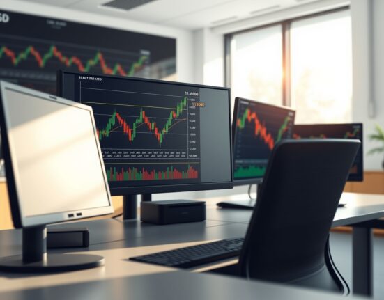 EUR/USD technical analysis showing price charts and moving averages on trading desk monitors