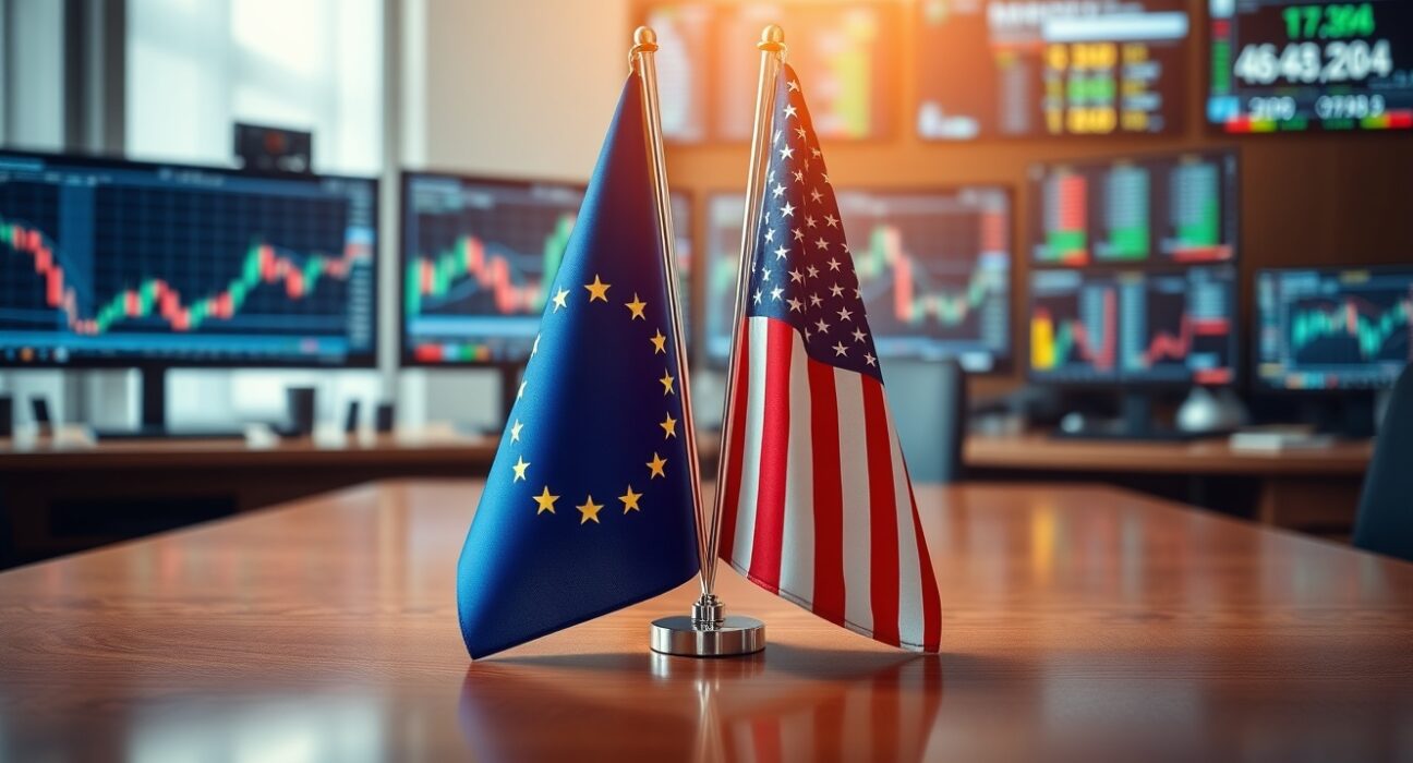 European Union and United States flags on a desk with trading screens in the background representing EUR/USD forex market analysis.