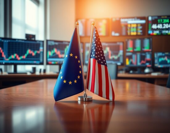 European Union and United States flags on a desk with trading screens in the background representing EUR/USD forex market analysis.