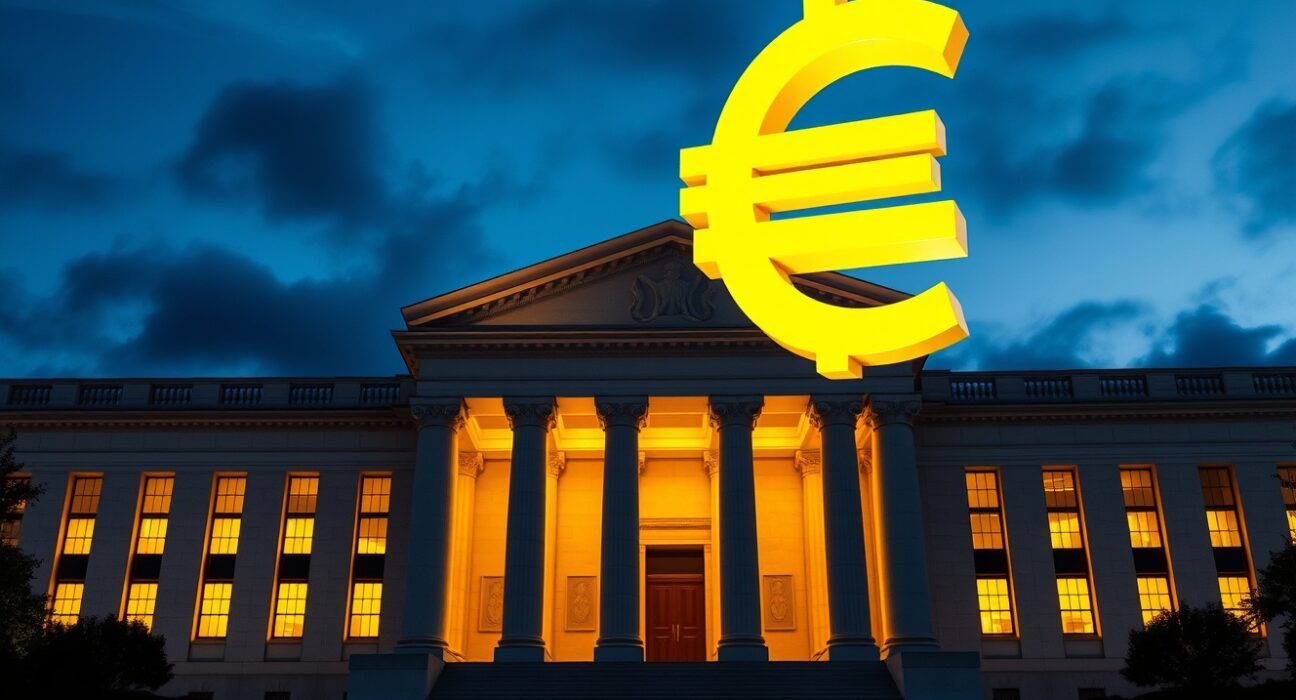 EUR/USD price forecast chart with Federal Reserve building in background symbolizing impact of Fed policy announcement on forex trading.