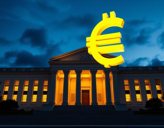 EUR/USD price forecast chart with Federal Reserve building in background symbolizing impact of Fed policy announcement on forex trading.
