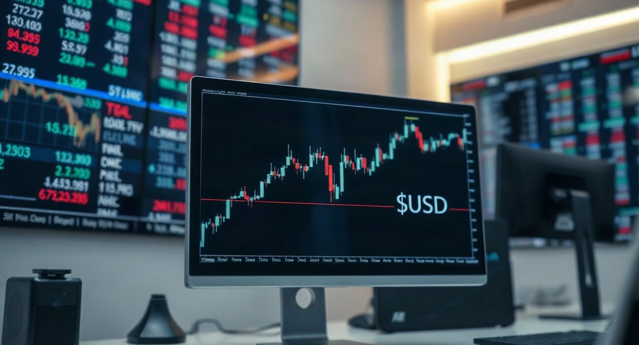 EUR/USD currency chart on a trading screen, indicating sideways movement before key US economic events.