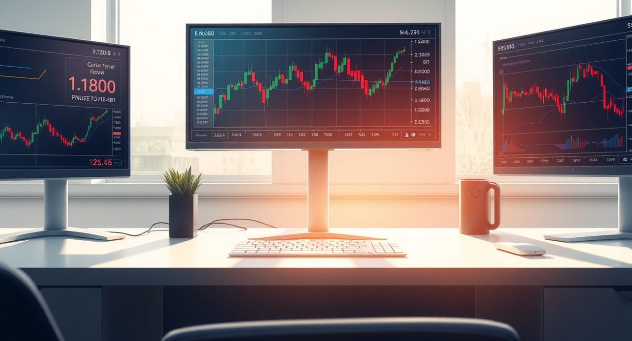 EUR/USD price forecast analysis showing trading desk with real-time charts below 1.1800 resistance