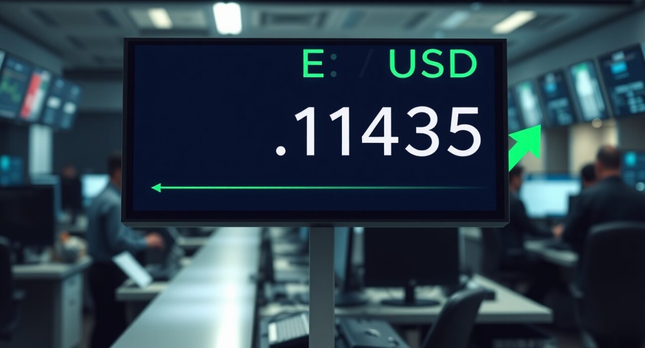 EUR/USD trading screen showing price near 1.1435 on a financial newsroom display