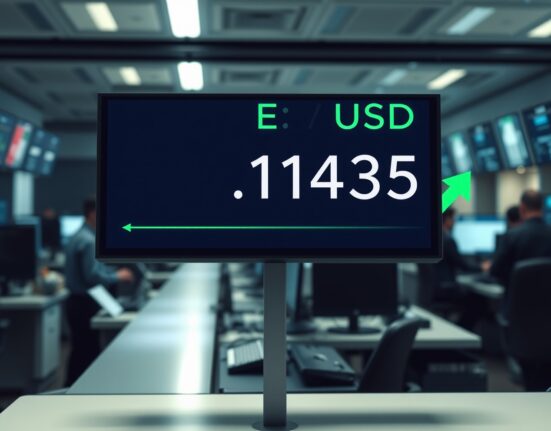 EUR/USD trading screen showing price near 1.1435 on a financial newsroom display