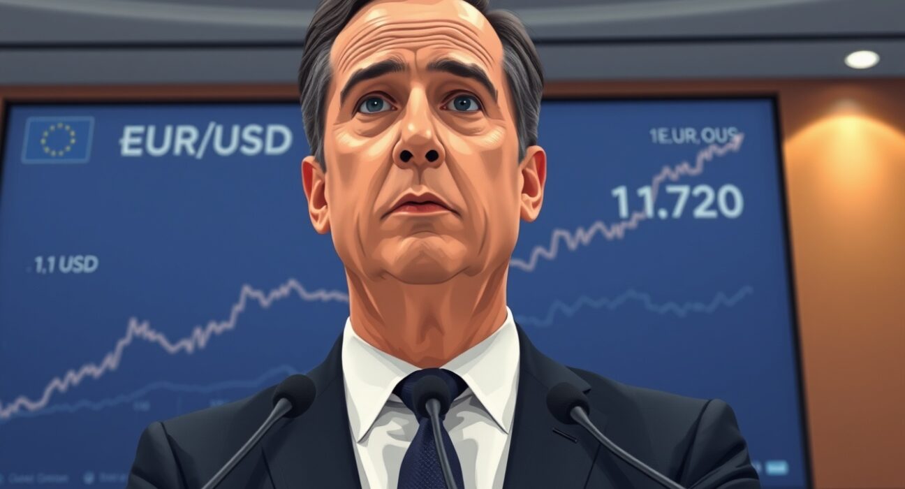 EUR/USD rallies to 1.1720 ahead of ECB interest rate decision, with a central banker at a press conference and a rising currency chart.