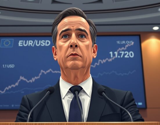 EUR/USD rallies to 1.1720 ahead of ECB interest rate decision, with a central banker at a press conference and a rising currency chart.