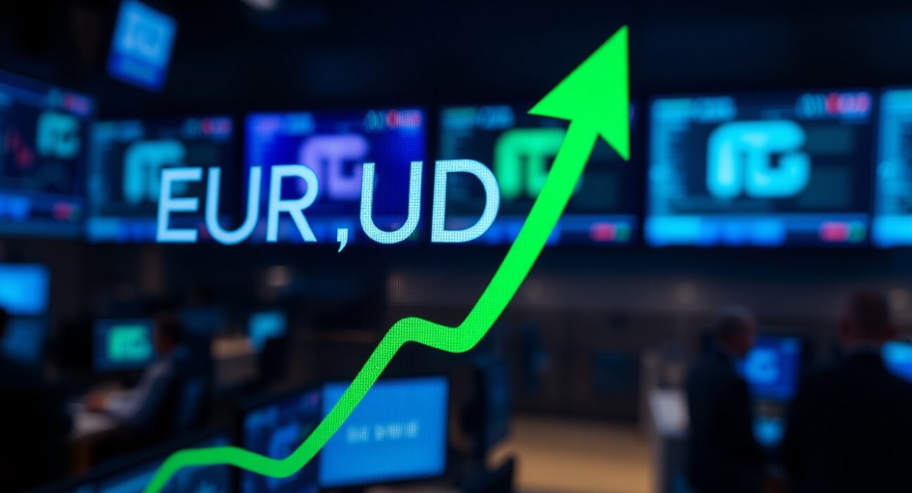 Digital trading screen showing EUR/USD with an upward trend, reflecting market optimism on US-Iran developments.