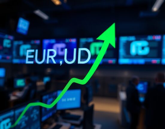 Digital trading screen showing EUR/USD with an upward trend, reflecting market optimism on US-Iran developments.