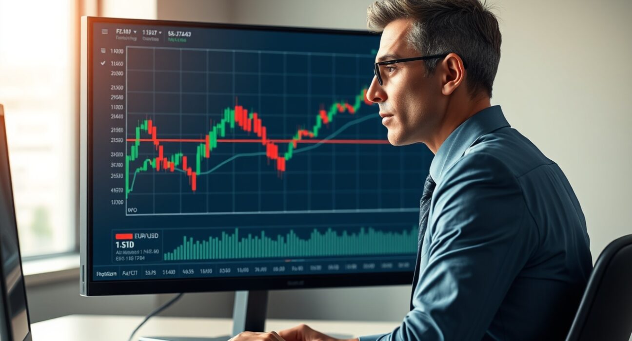 Financial analyst reviews EUR/USD chart showing potential correction risks and technical indicators.