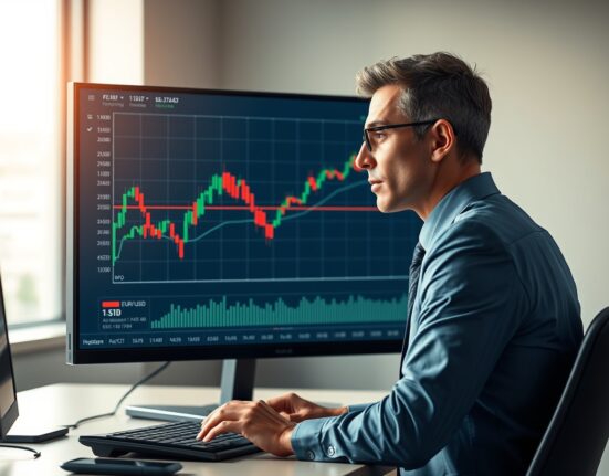 Financial analyst reviews EUR/USD chart showing potential correction risks and technical indicators.