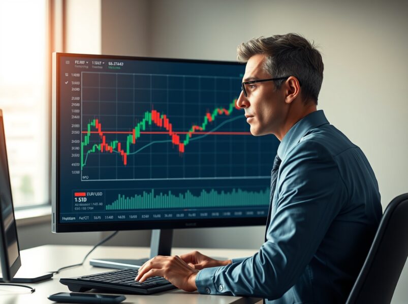 Financial analyst reviews EUR/USD chart showing potential correction risks and technical indicators.