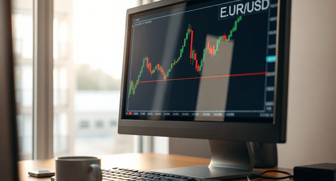 EUR/USD currency chart approaching resistance level on a trading monitor