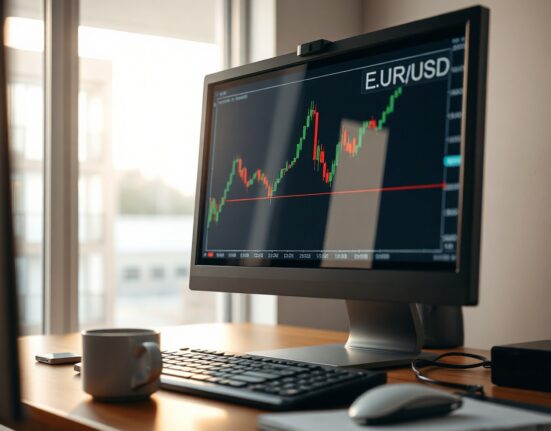 EUR/USD currency chart approaching resistance level on a trading monitor