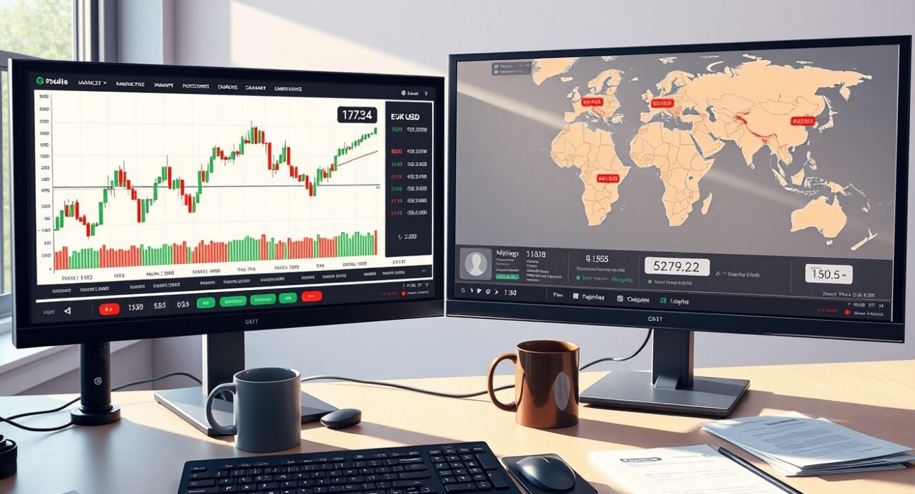 EUR/USD analysis on trading desk monitors showing currency charts and Gulf tension map