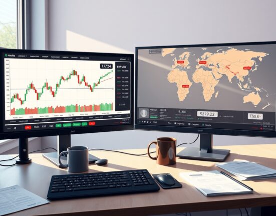 EUR/USD analysis on trading desk monitors showing currency charts and Gulf tension map