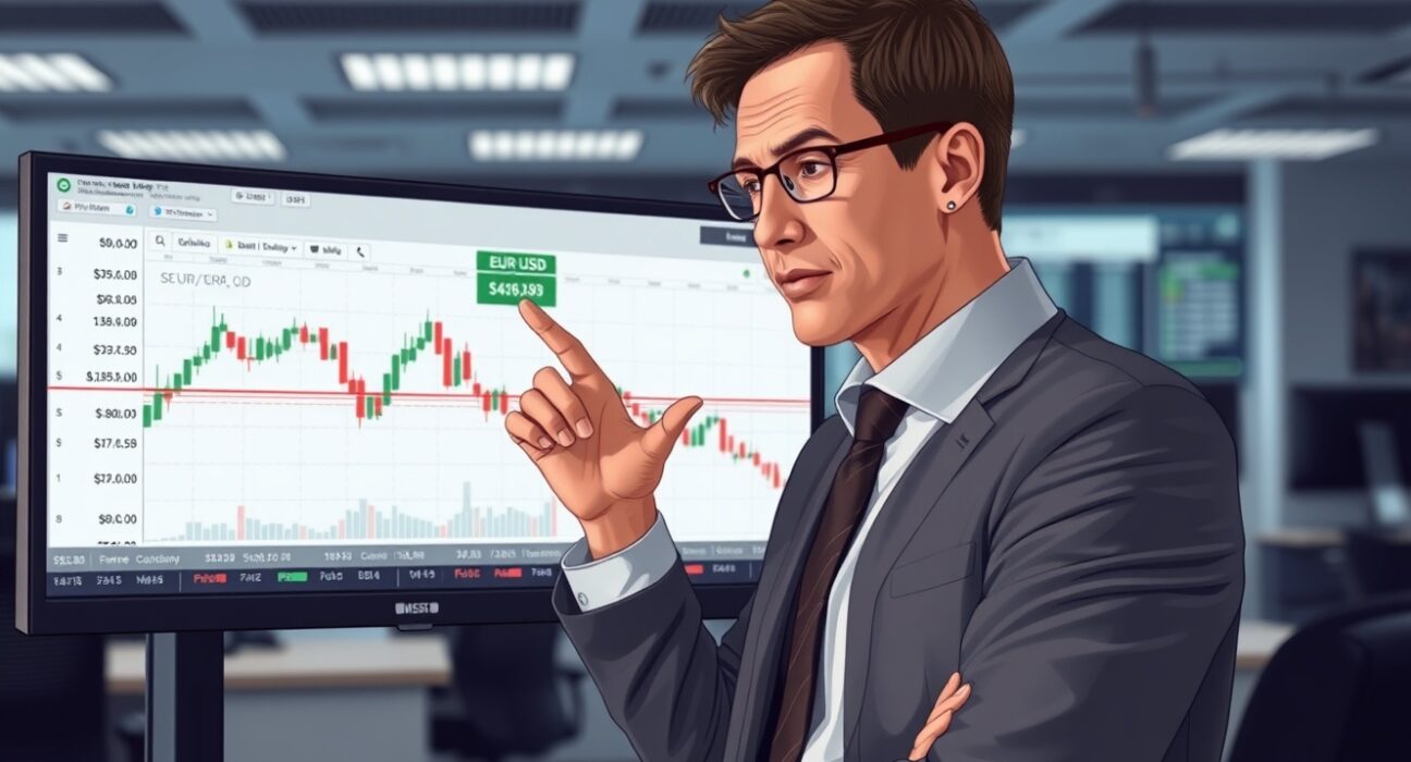 Financial analyst from Societe Generale examining EUR/USD technical chart showing range-bound movement and policy risks.
