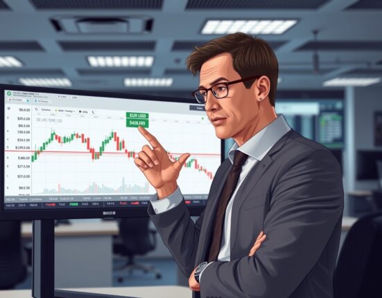 Financial analyst from Societe Generale examining EUR/USD technical chart showing range-bound movement and policy risks.