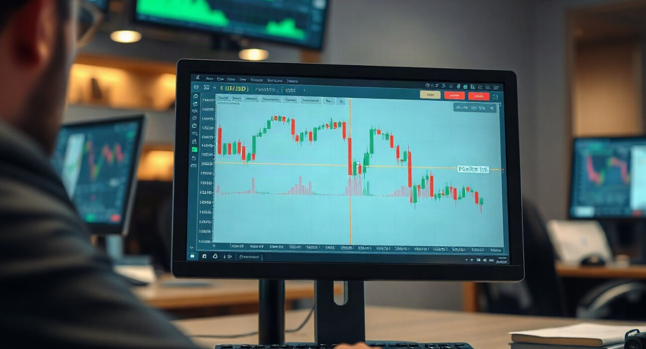 EUR/USD currency chart showing range-bound trading on a computer screen in a professional setting.