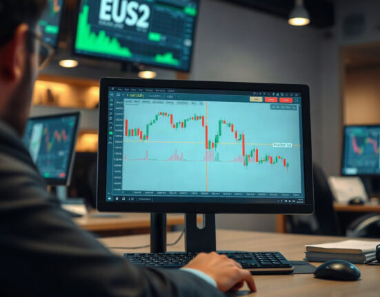 EUR/USD currency chart showing range-bound trading on a computer screen in a professional setting.