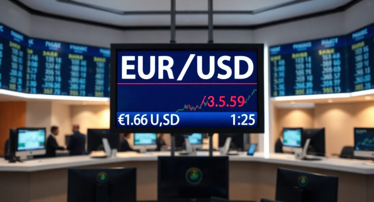 Digital trading screen displaying EUR/USD exchange rate in a financial news setting