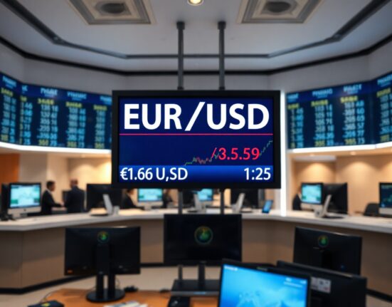 Digital trading screen displaying EUR/USD exchange rate in a financial news setting