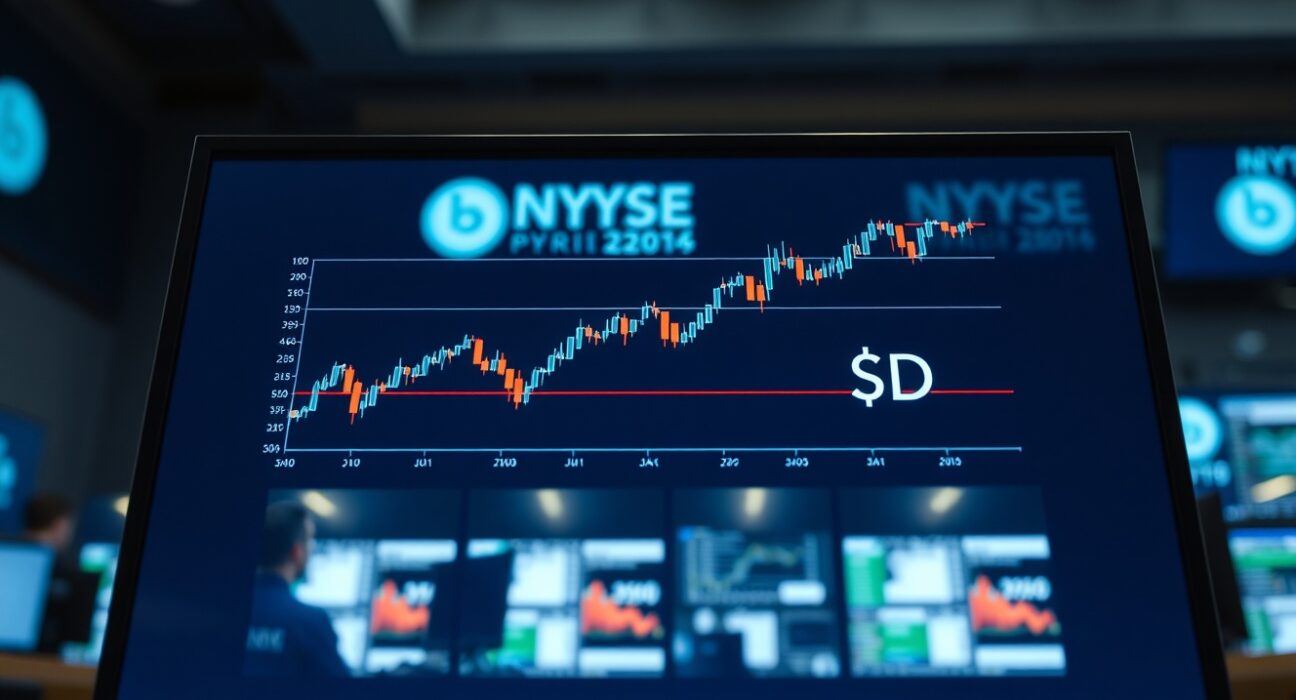 Digital trading screen showing EUR/USD candlestick chart in a modern financial trading floor environment