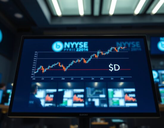 Digital trading screen showing EUR/USD candlestick chart in a modern financial trading floor environment