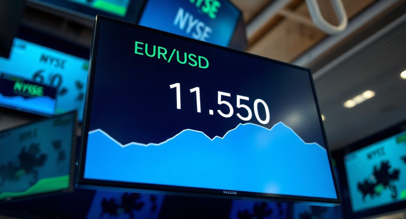 EUR/USD exchange rate display on a trading floor, showing mid-1.15s range