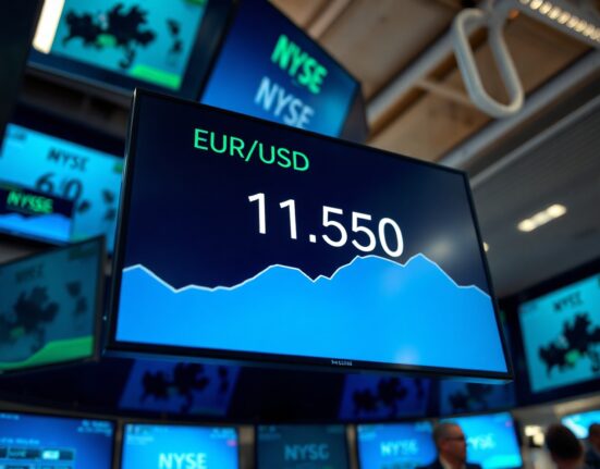 EUR/USD exchange rate display on a trading floor, showing mid-1.15s range