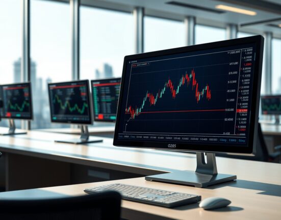 EUR/USD forex analysis chart on a professional trading desk monitor showing range-bound price action.