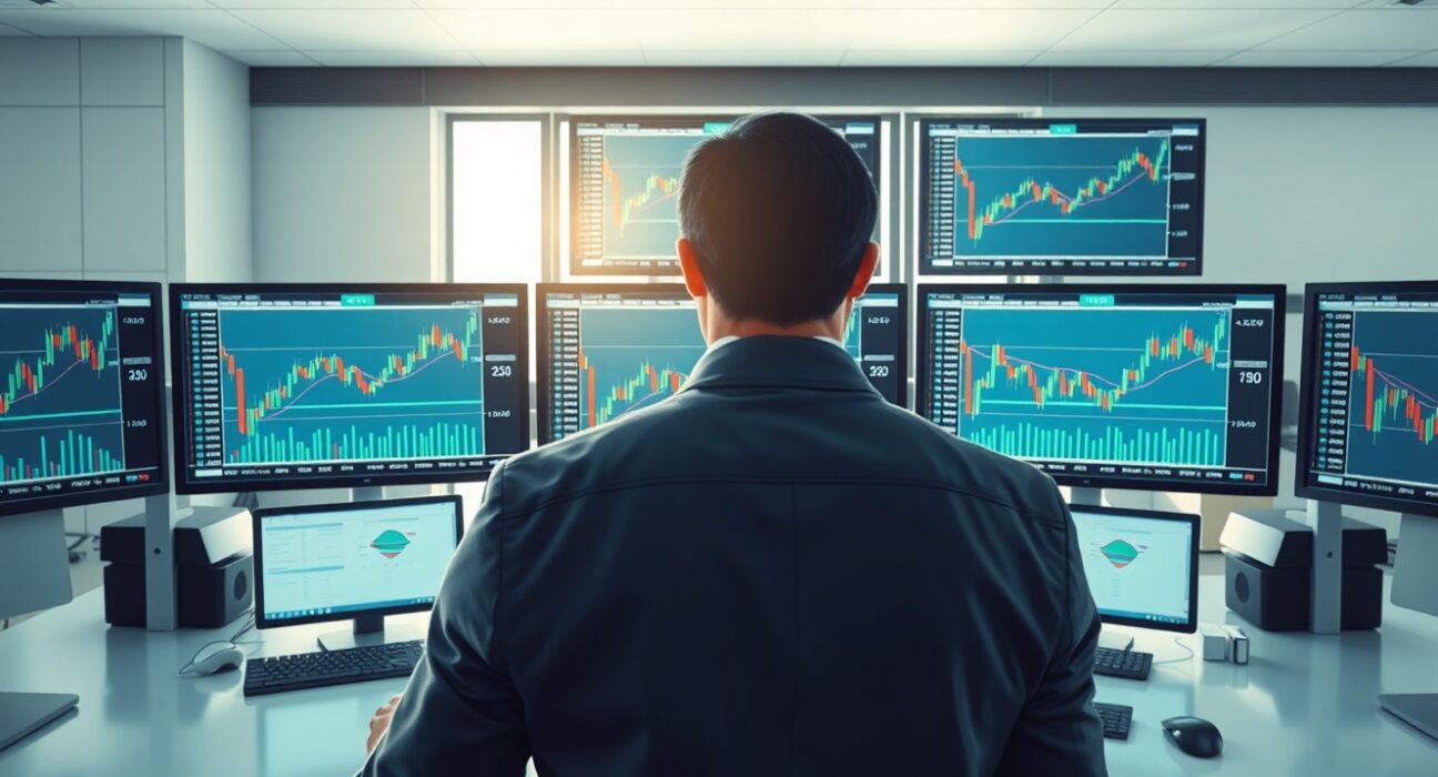 Professional forex trader analyzing EUR/USD price charts for technical analysis and market forecast