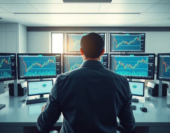 Professional forex trader analyzing EUR/USD price charts for technical analysis and market forecast
