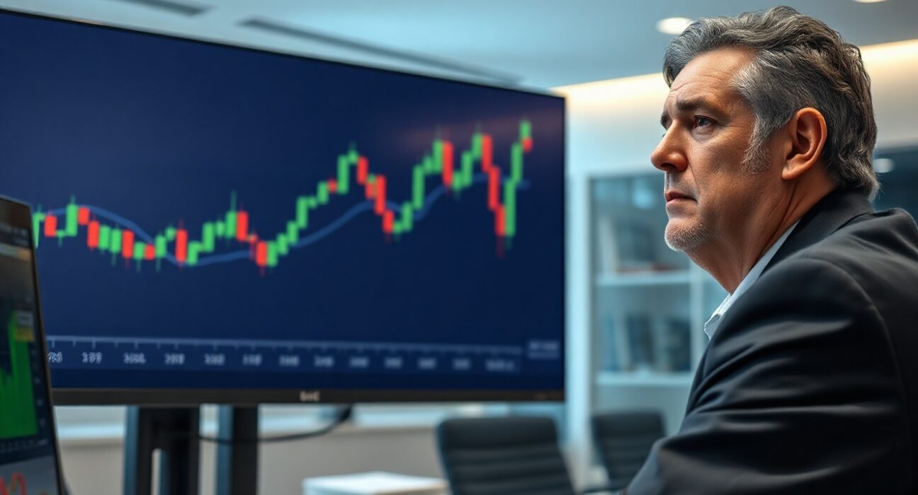 Financial analyst watching EUR/USD chart on monitor in modern office