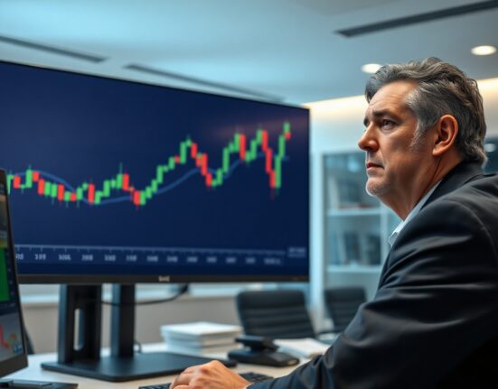 Financial analyst watching EUR/USD chart on monitor in modern office