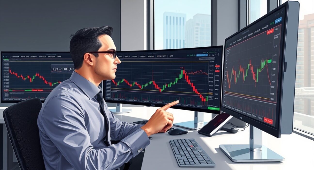 Financial analyst examining EUR/USD charts and rate differential data in trading environment