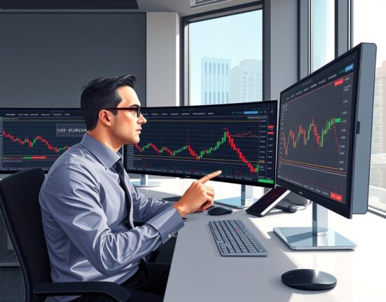 Financial analyst examining EUR/USD charts and rate differential data in trading environment