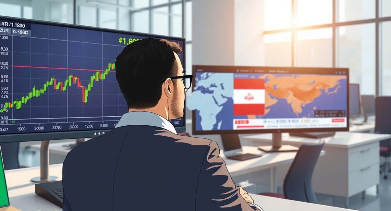 EUR/USD exchange rate analysis on trading desk screen amid news of Iran peace negotiations.