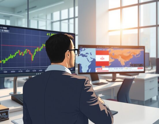 EUR/USD exchange rate analysis on trading desk screen amid news of Iran peace negotiations.