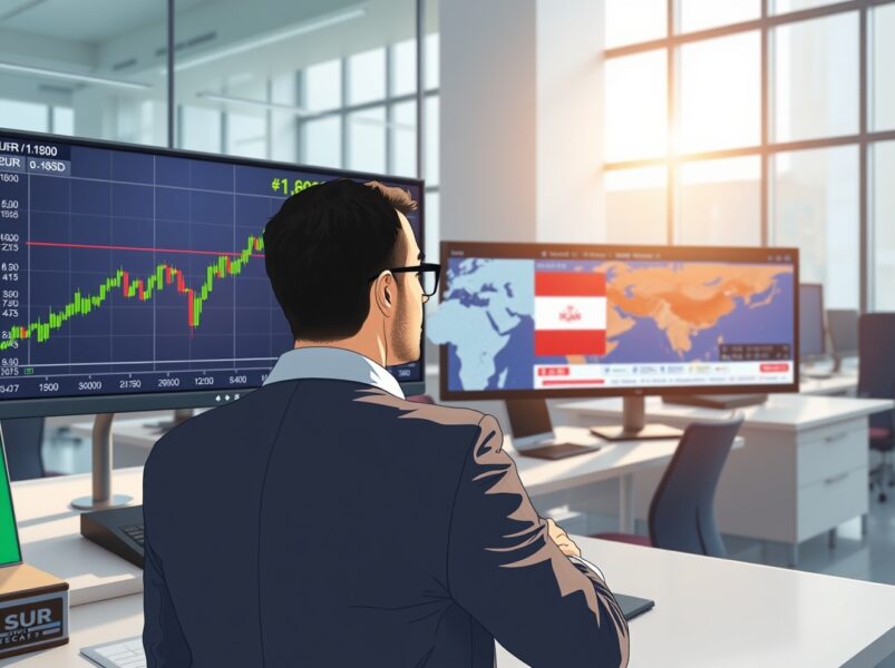 EUR/USD exchange rate analysis on trading desk screen amid news of Iran peace negotiations.