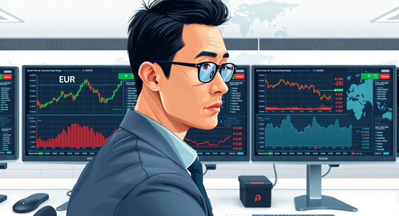 Financial analyst monitoring EUR/USD and oil price charts in trading environment