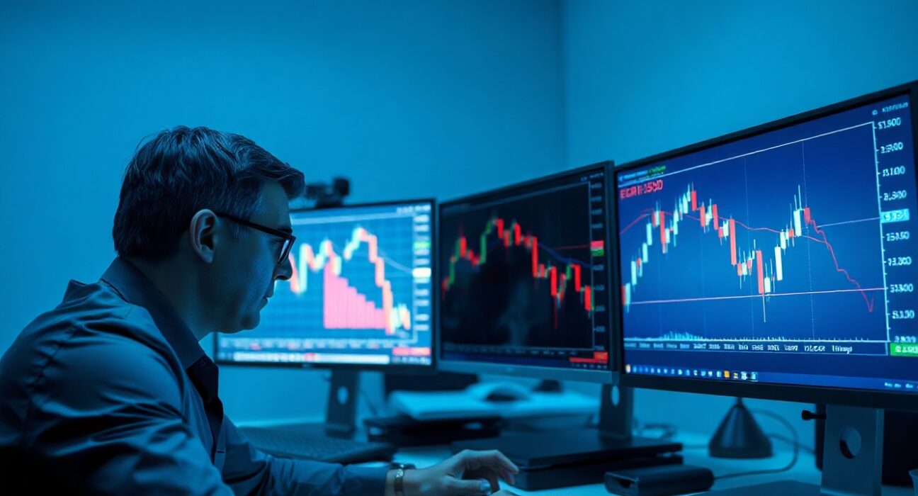 Financial analyst monitors EUR/USD chart showing downward pressure