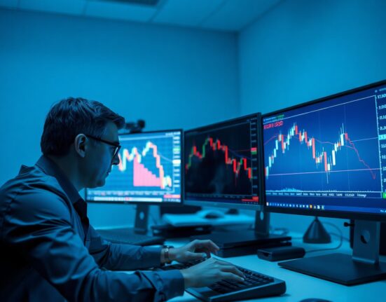 Financial analyst monitors EUR/USD chart showing downward pressure