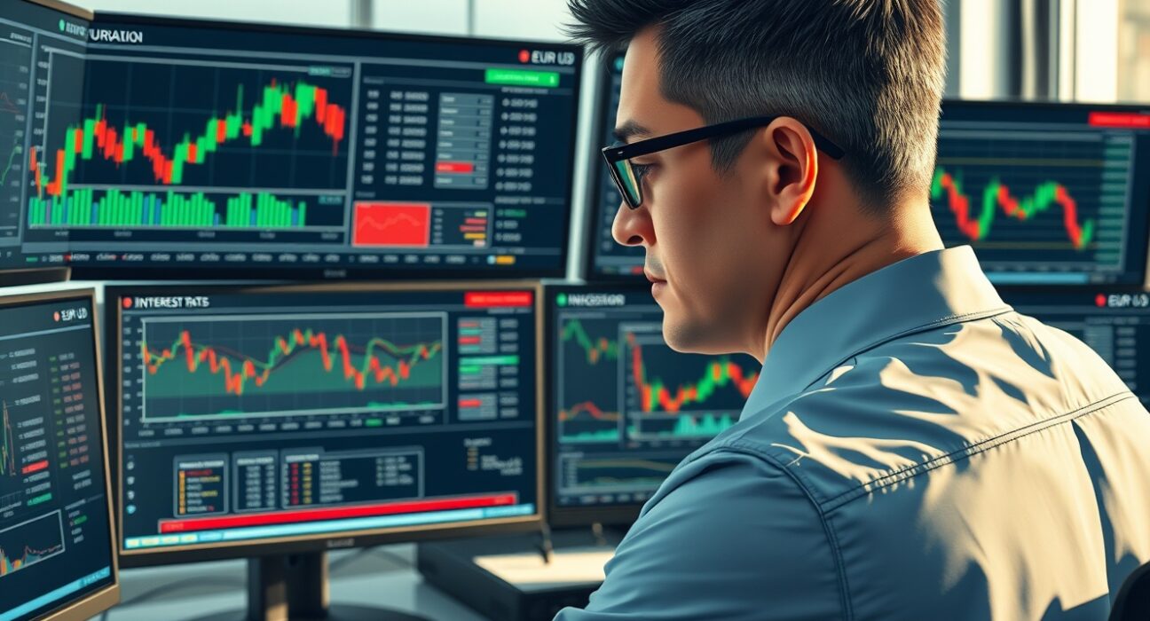 Financial analyst examining EUR/USD exchange rate and real interest rate data in professional trading environment