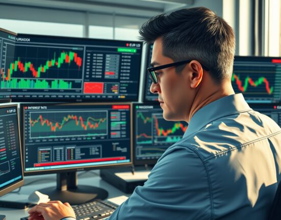 Financial analyst examining EUR/USD exchange rate and real interest rate data in professional trading environment
