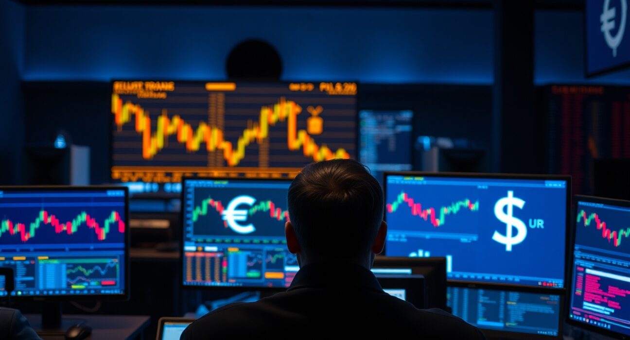 Forex trading monitors displaying EUR/USD charts and candlestick patterns in a dimly lit trading room.