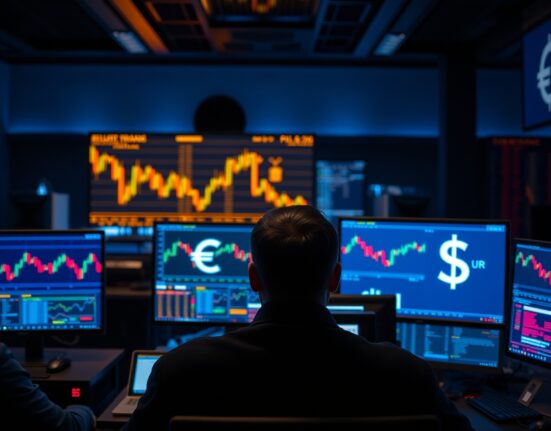 Forex trading monitors displaying EUR/USD charts and candlestick patterns in a dimly lit trading room.