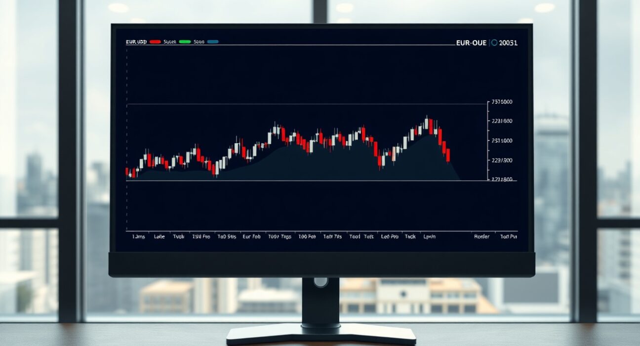 EUR/USD forecast analysis showing candlestick chart on a professional trading desk monitor.
