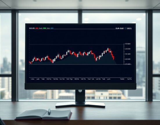 EUR/USD forecast analysis showing candlestick chart on a professional trading desk monitor.